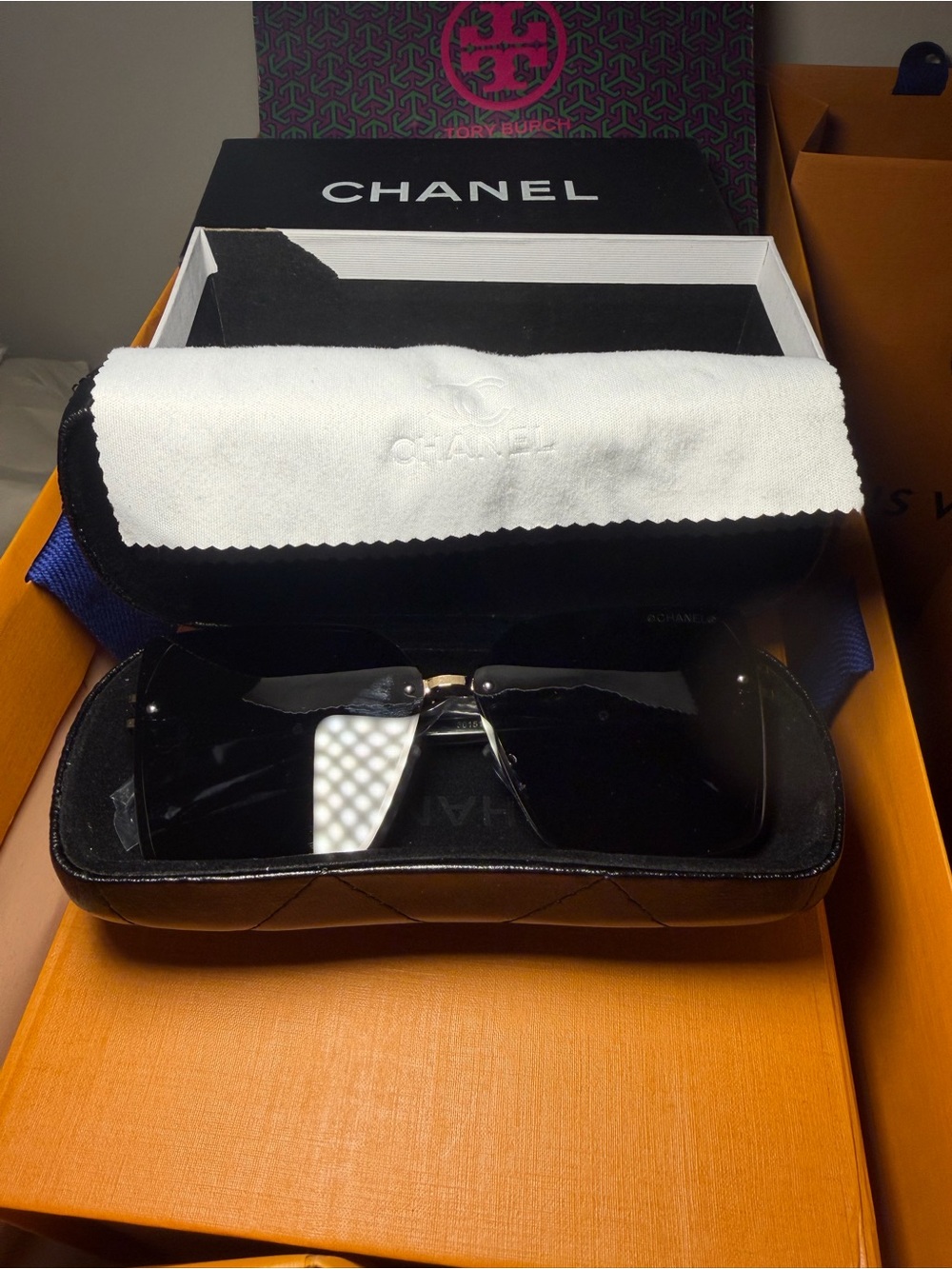 CHANEL Black Oversized Shield Sunglasses with Quilted Case